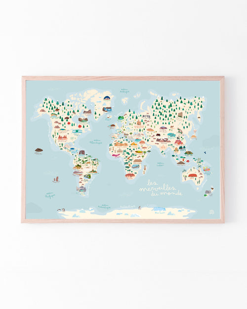 Carte du monde illustrée, déco colorée chambre enfant, planisphère pédagogique et jeu, poster géographique et animaux