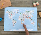 Carte du Monde, affiche déco chambre enfant, planisphère nature et animaux, poster illustré pédagogique et géographique Papier curieux