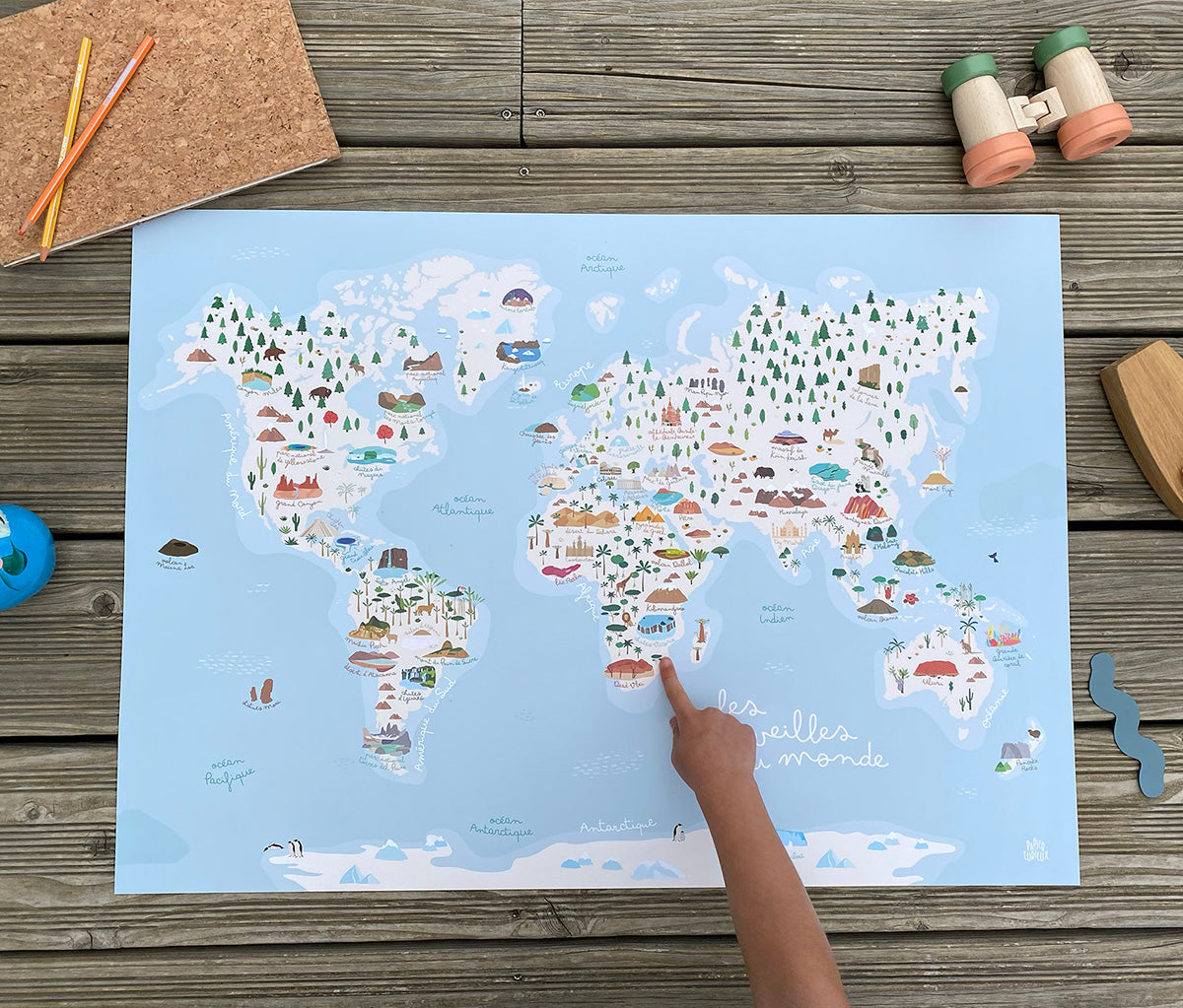 Carte du Monde, affiche déco chambre enfant, planisphère nature et animaux, poster illustré pédagogique et géographique Papier curieux