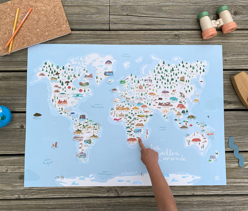Carte du Monde, affiche déco chambre enfant, planisphère nature et animaux, poster illustré pédagogique et géographique Papier curieux