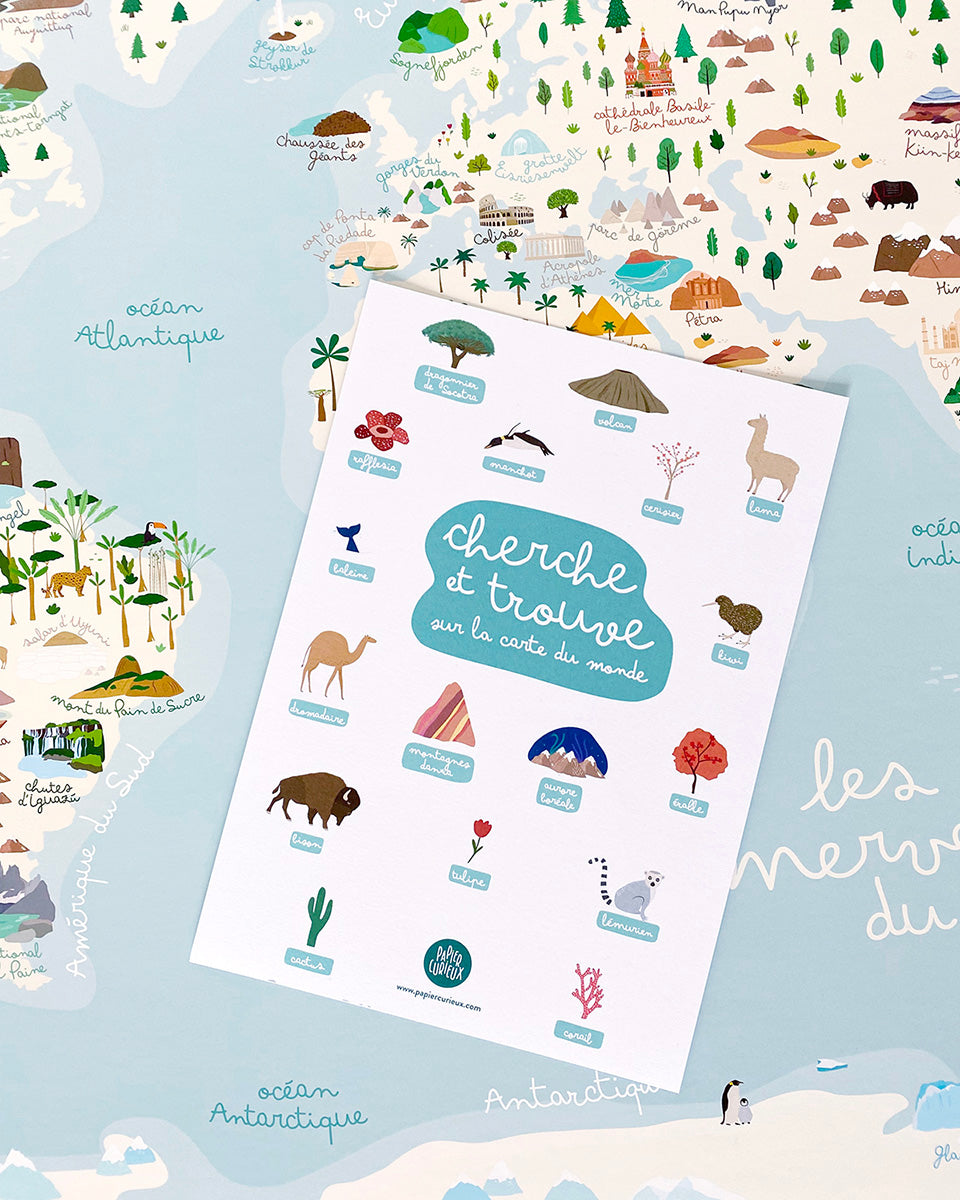 Carte du Monde, affiche déco chambre enfant, illustrations nature et animaux, poster illustré pédagogique et jeu Papier curieux