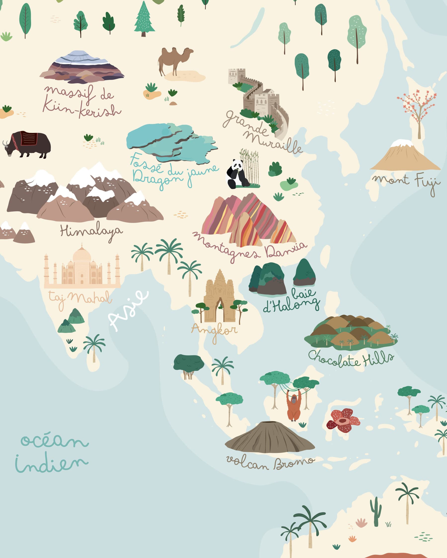 Zoom carte du Monde, affiche déco chambre enfant, illustration nature et animaux, poster illustré pédagogique et géographique Papier curieux