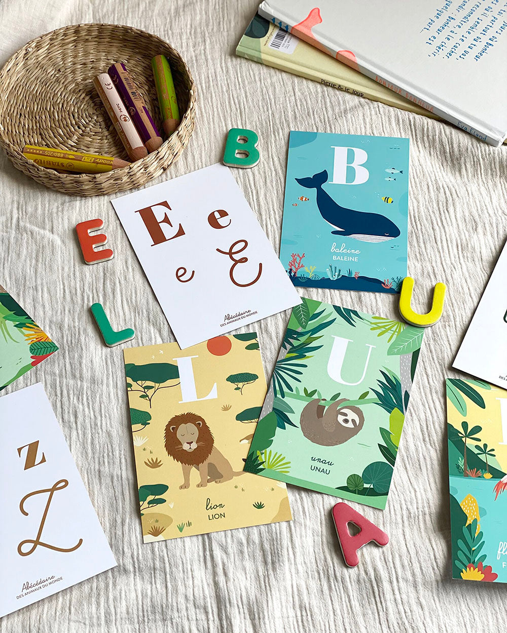 26 cartes alphabet animaux du monde, baleine, jeu pédagogique apprentissage lettres, jeu enfant 3 ans