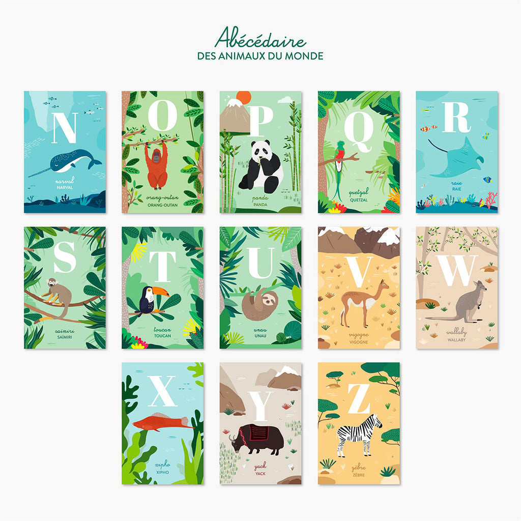26 cartes alphabet animaux du monde, baleine, jeu pédagogique apprentissage lettres, jeu enfant 3 ans