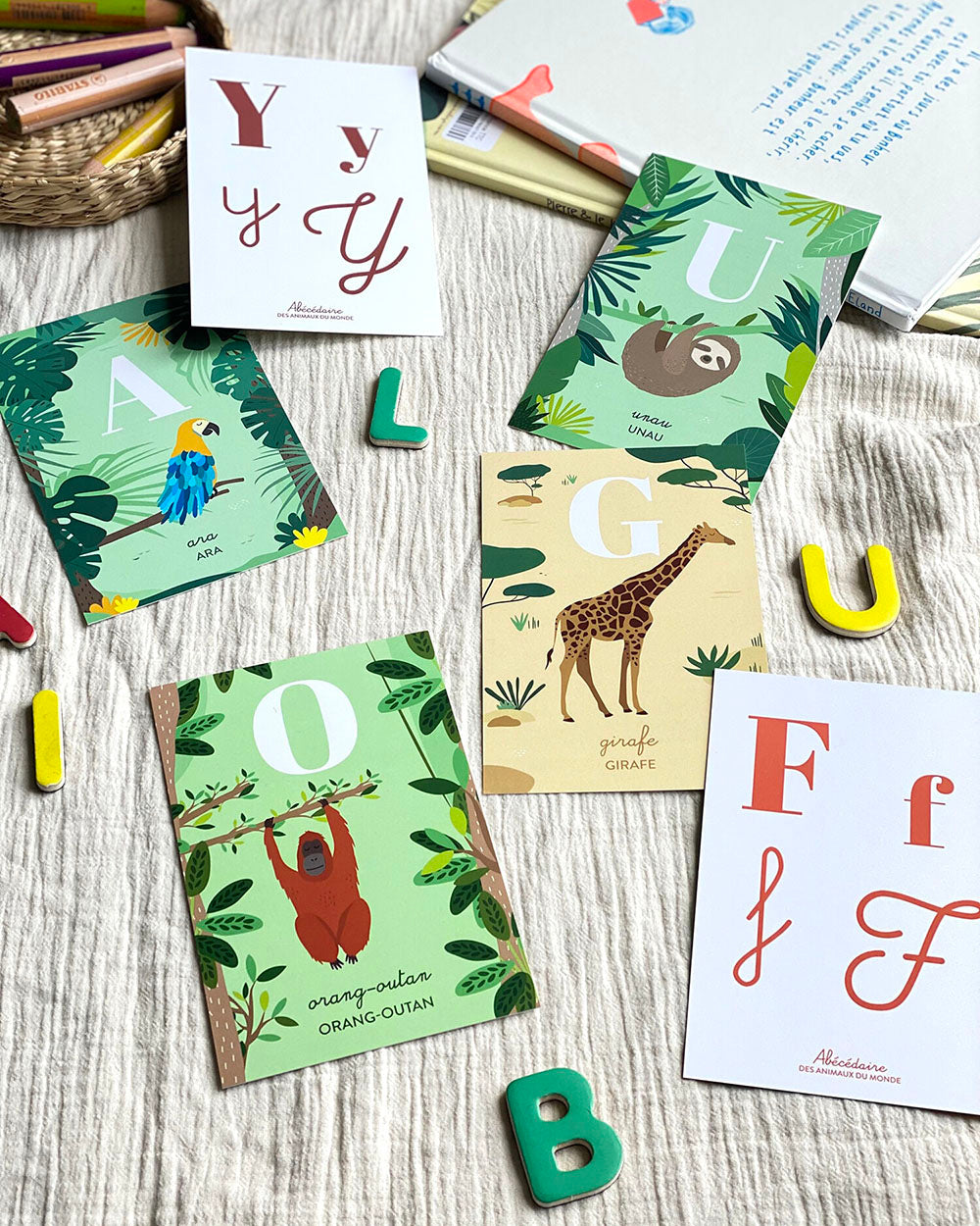 26 cartes alphabet animaux du monde, baleine, jeu pédagogique apprentissage lettres, jeu enfant 3 ans