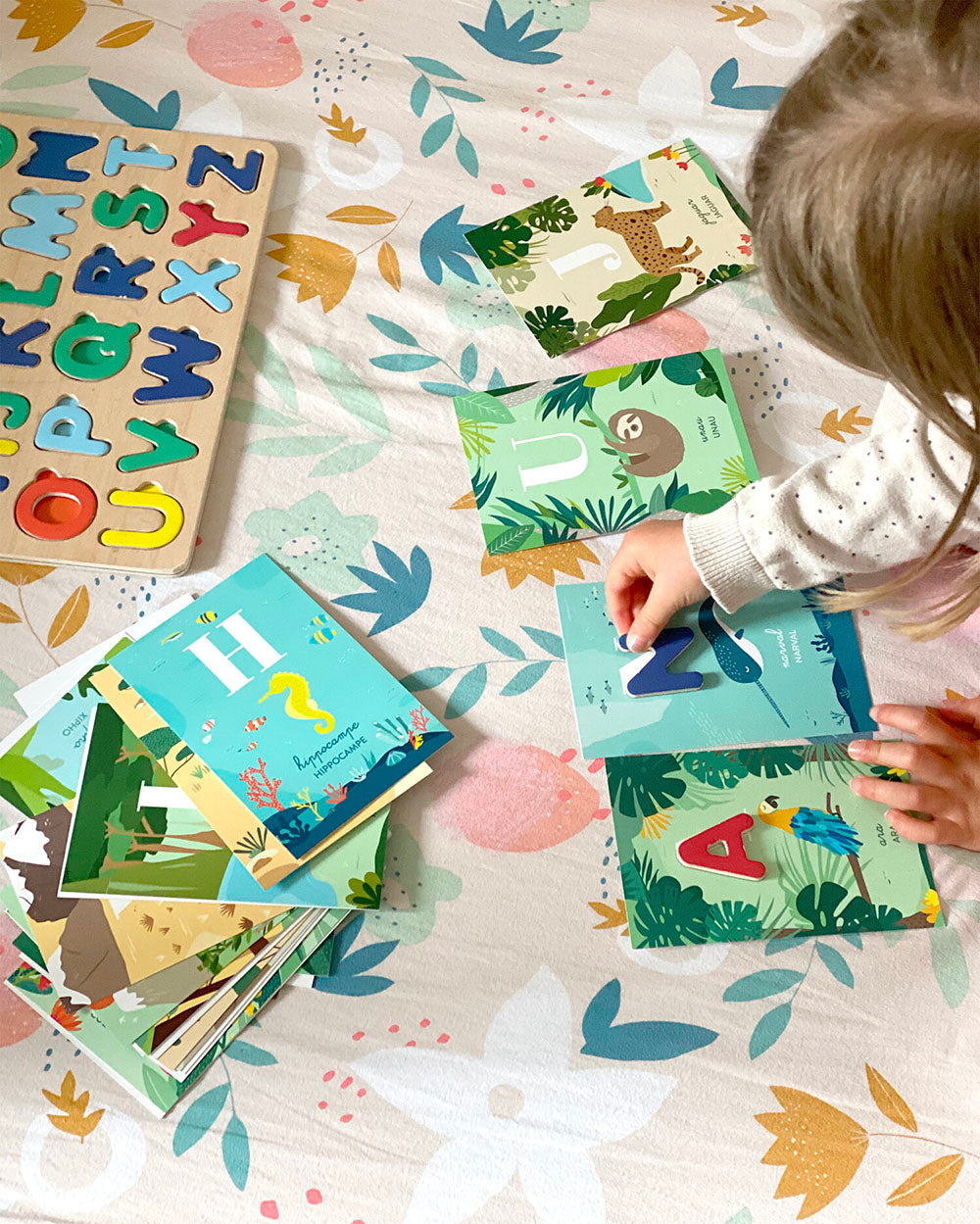 26 cartes alphabet animaux du monde, baleine, jeu pédagogique apprentissage lettres, jeu enfant 3 ans