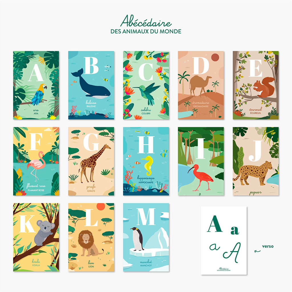 26 cartes alphabet animaux du monde, baleine, jeu pédagogique apprentissage lettres, jeu enfant 3 ans