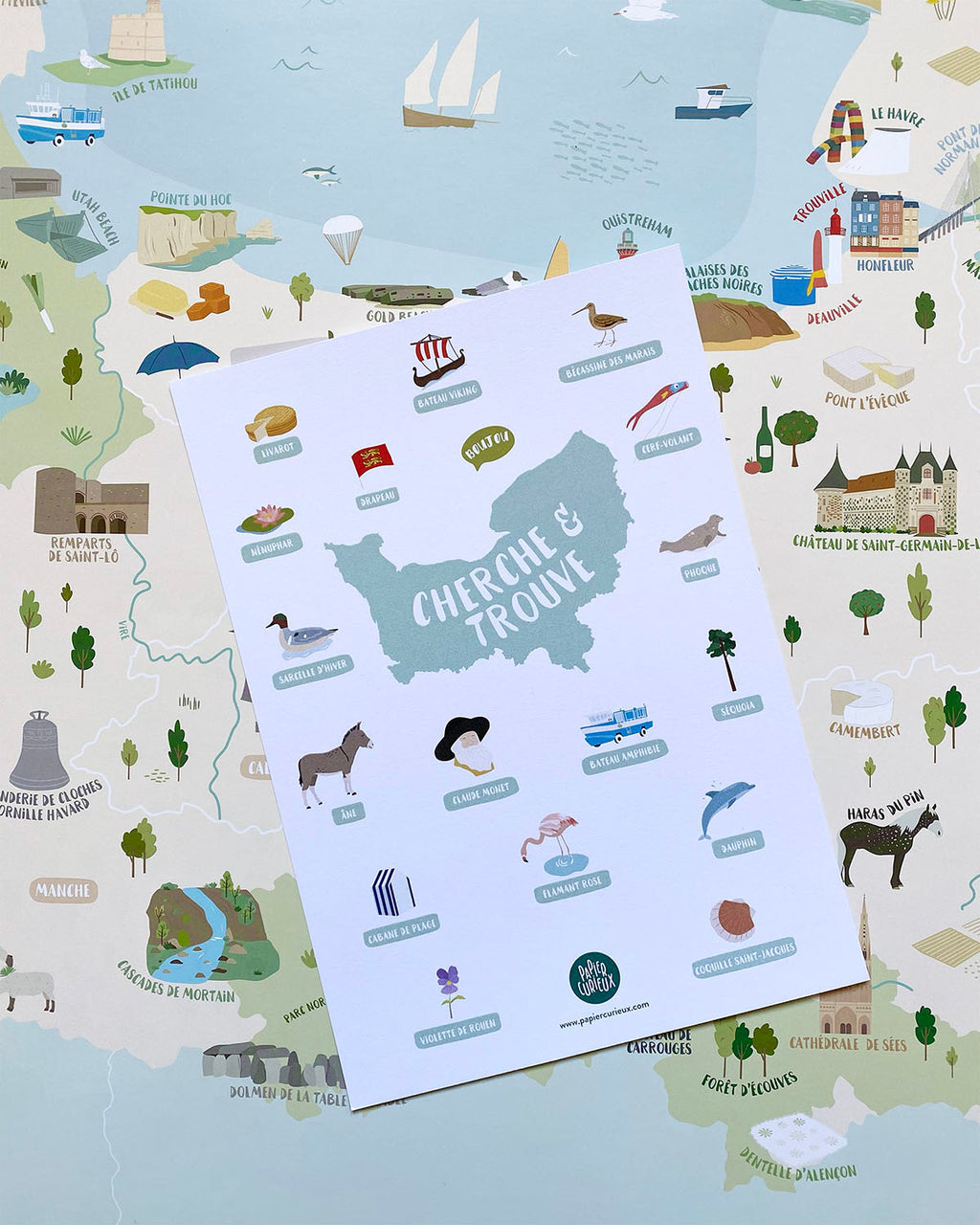 Carte de Normandie, affiche déco région, poster illustré pédagogique et géographique, jeu cherche et trouve