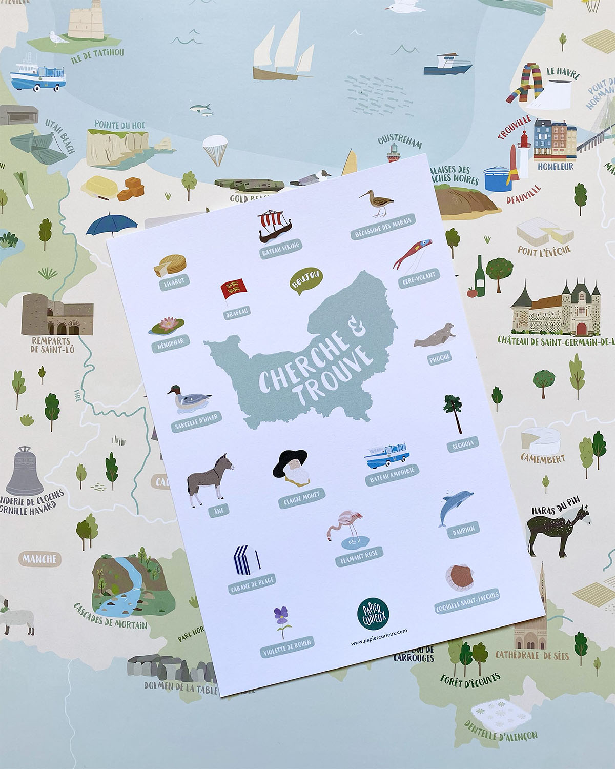 Carte de Normandie, affiche déco région, poster illustré pédagogique et géographique, jeu cherche et trouve