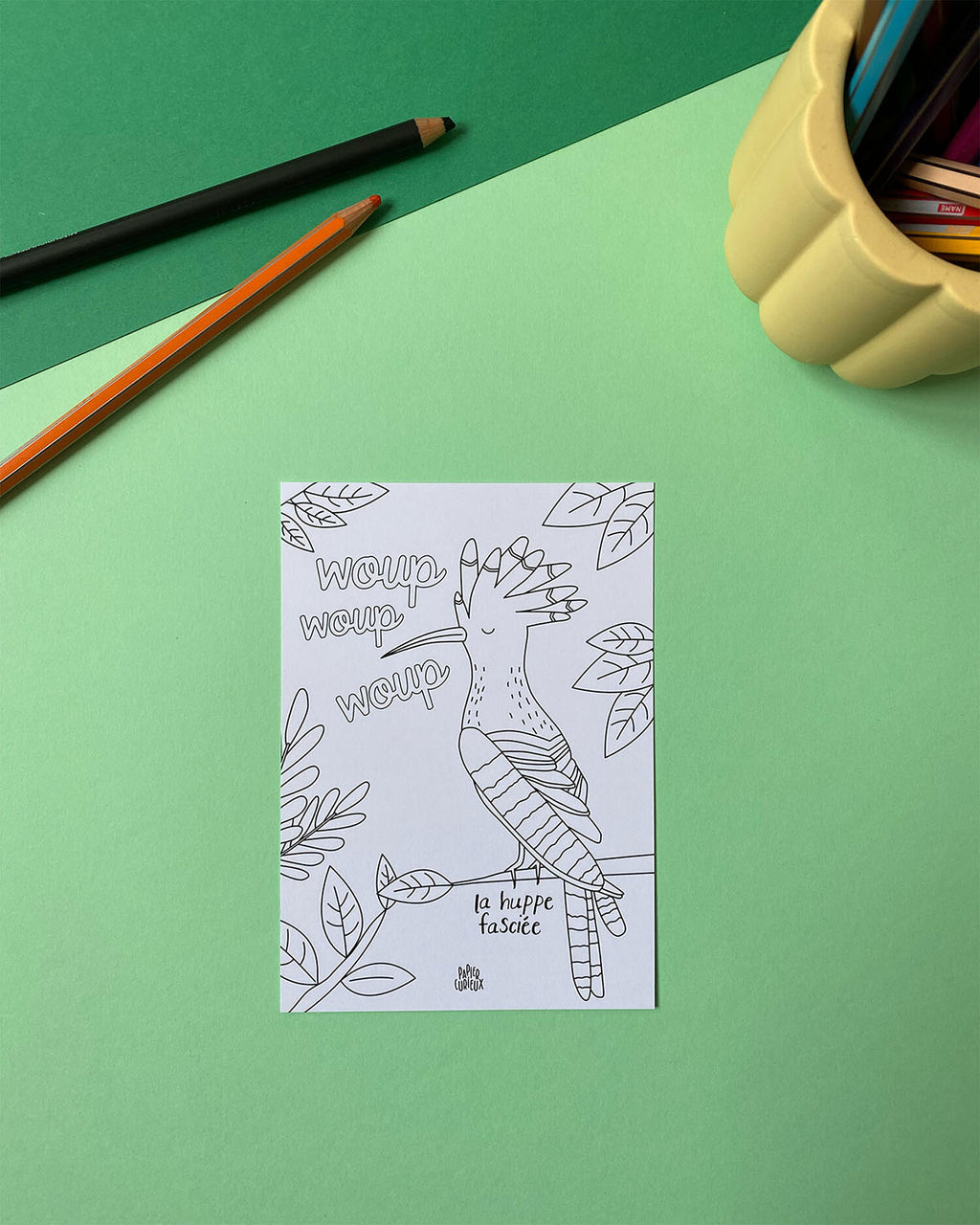 Carte coloriage enfant le chant des oiseaux, illustration huppe fasciée
