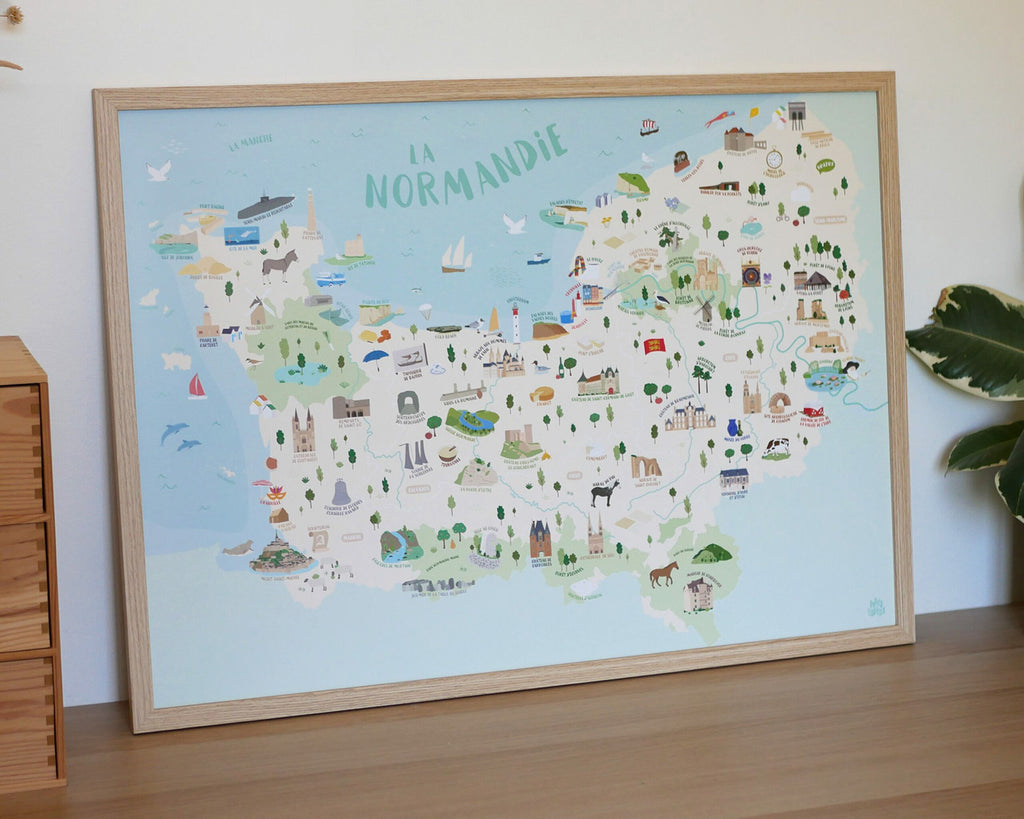 Carte de Normandie, affiche déco région, poster illustré pédagogique et géographique Papier curieux