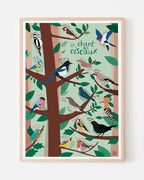 Affiche déco Le Chant des Oiseaux, poster illustré pédagogique, affiche nature jardin bois