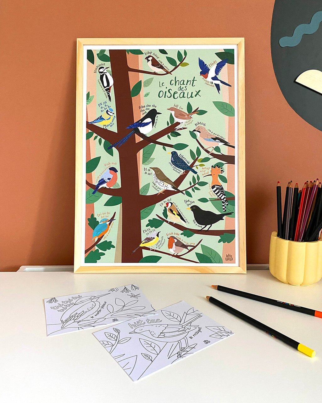 Affiche déco Le Chant des Oiseaux, poster illustré pédagogique, affiche nature jardin bois