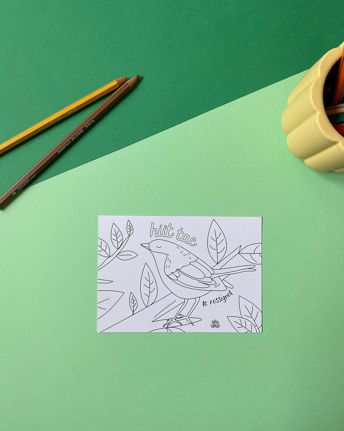 Carte coloriage enfant le chant des oiseaux, illustration rossignol